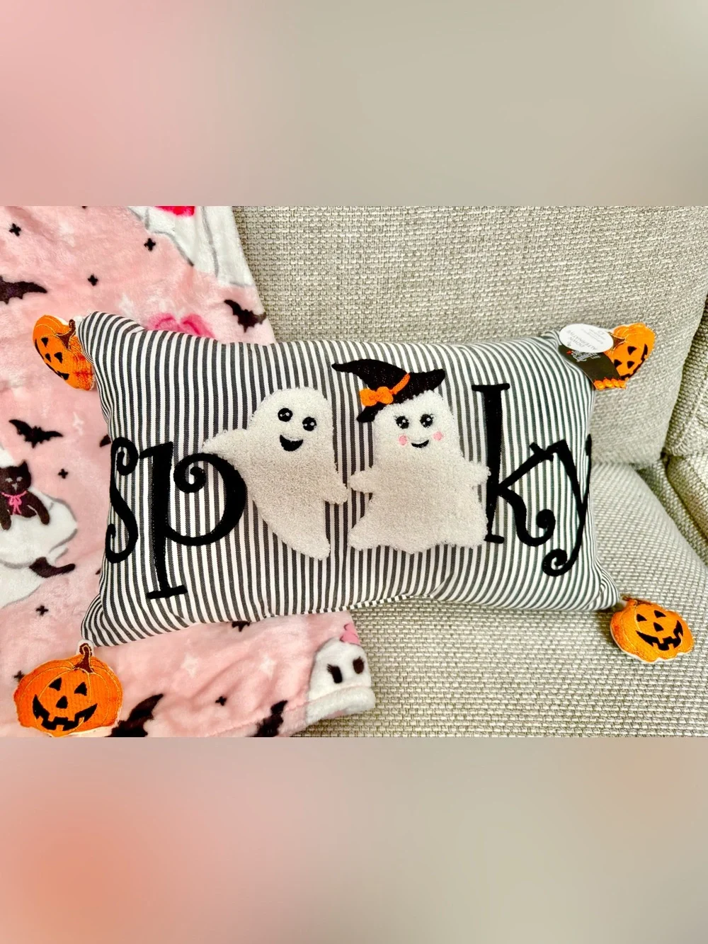 Halloween Spooky Ghosts Stripped Pillow Jack O’ Lantern Pumpkins NWT